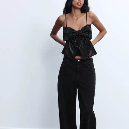 Women's Sleeveless Rhinestone Bowknot Camisole - Chic Black Top for 2025 - Buy Center