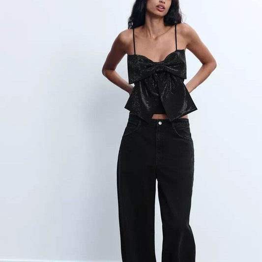 Women's Sleeveless Rhinestone Bowknot Camisole - Chic Black Top for 2025 - Buy Center