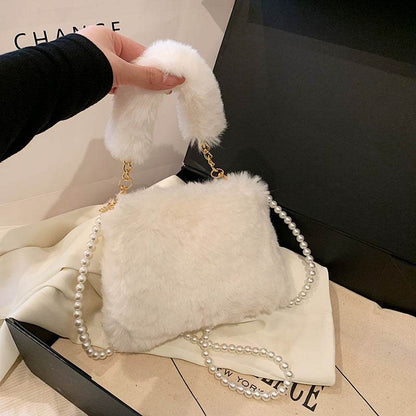 Pearl Chain Plush Bag - Stylish Clutch for Women in Milky White & Khaki - Buy Center