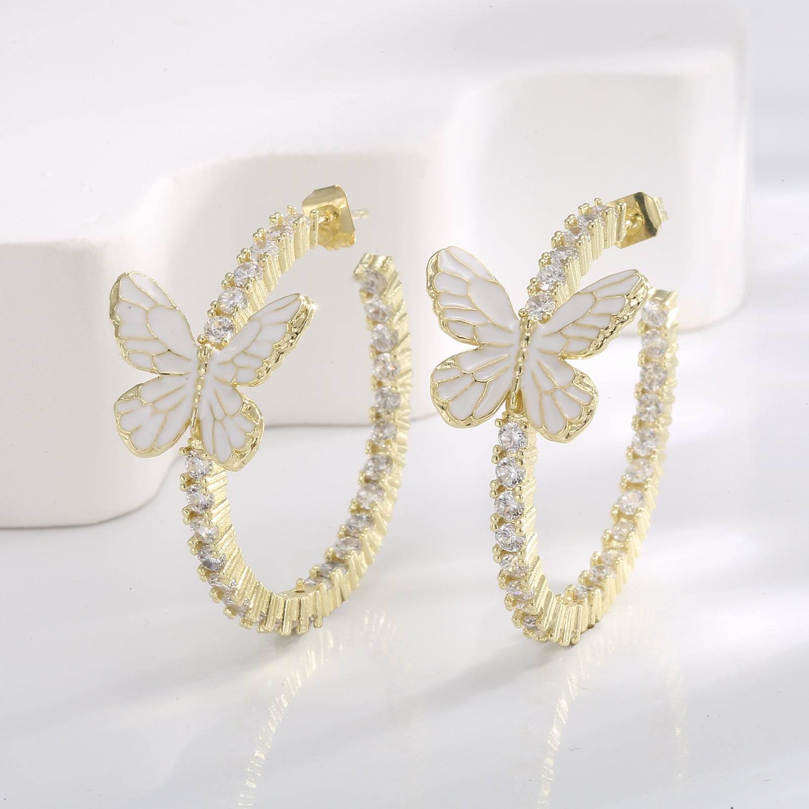 Xin White Butterfly Earrings - Micro Inlaid Zircon, Elegant Copper Design - Buy Center