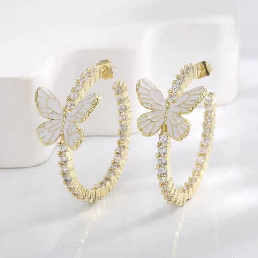 Xin White Butterfly Earrings - Micro Inlaid Zircon, Elegant Copper Design - Buy Center