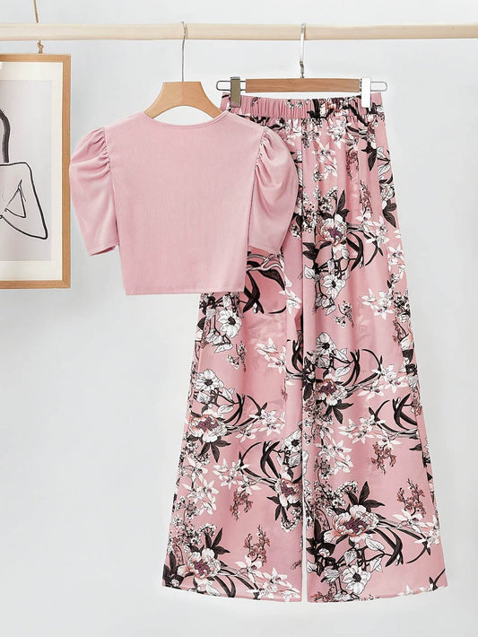 Elegant Women's Two-Piece Set - Pink Bubble Sleeve Top & Floral Pants - Buy Center