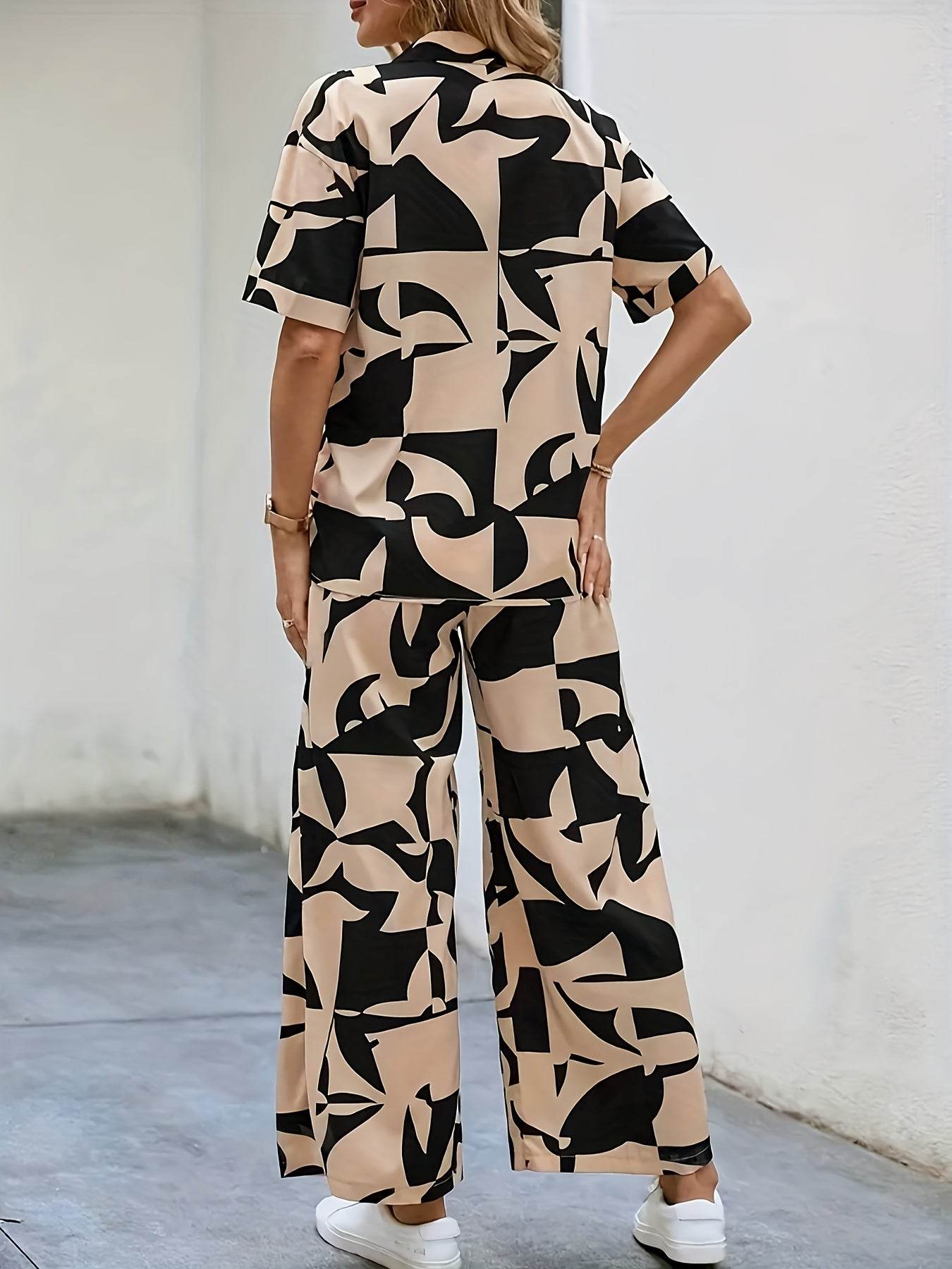 Elegant Geometric Print Shirt & Wide-Leg Pants Set - Spring Style - Buy Center
