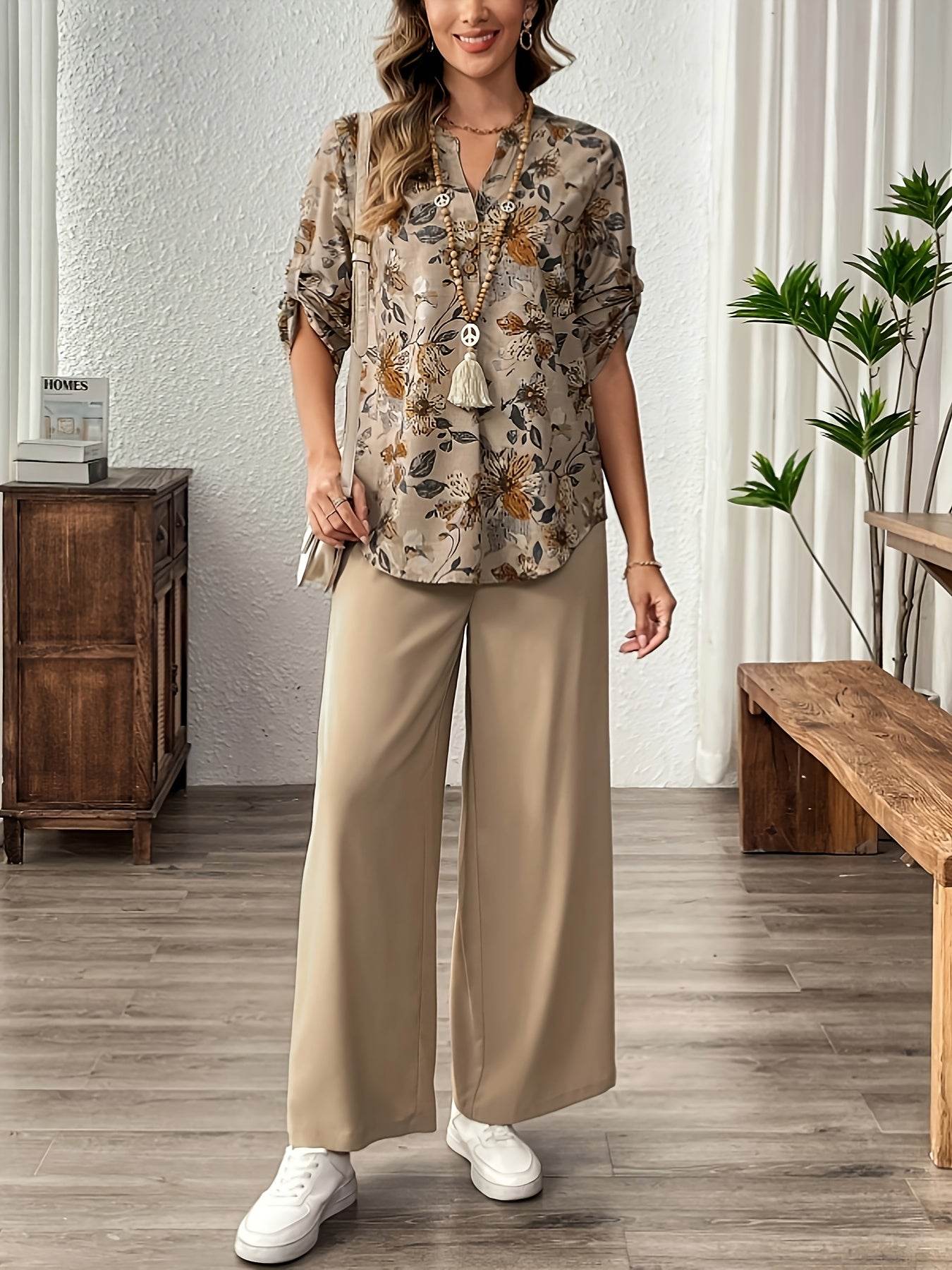 Elegant Women's Floral V-Neck Top and Solid Color Pants Set - Buy Center