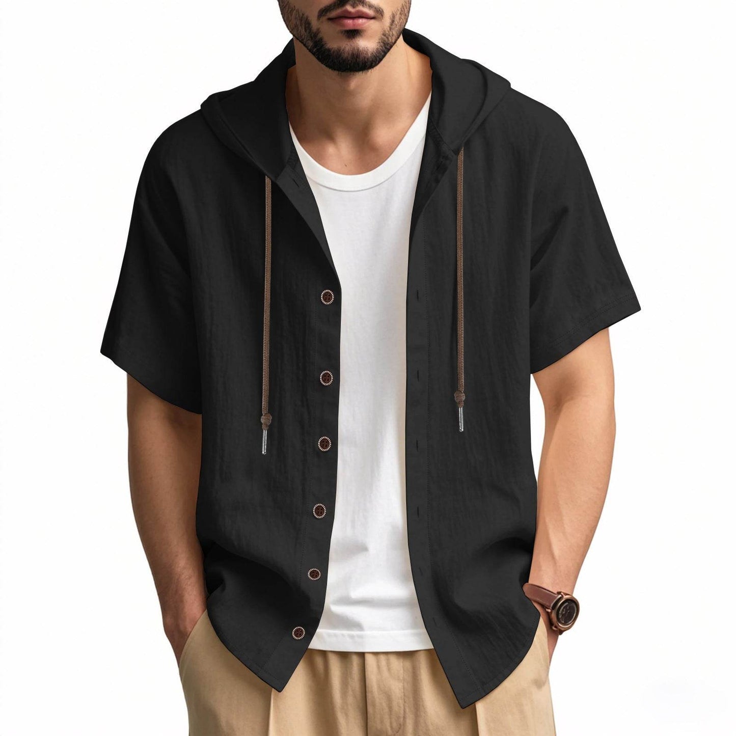 Buycenter Men's Loose Hooded Shirt - Casual Linen Top for Everyday Style - Buy Center