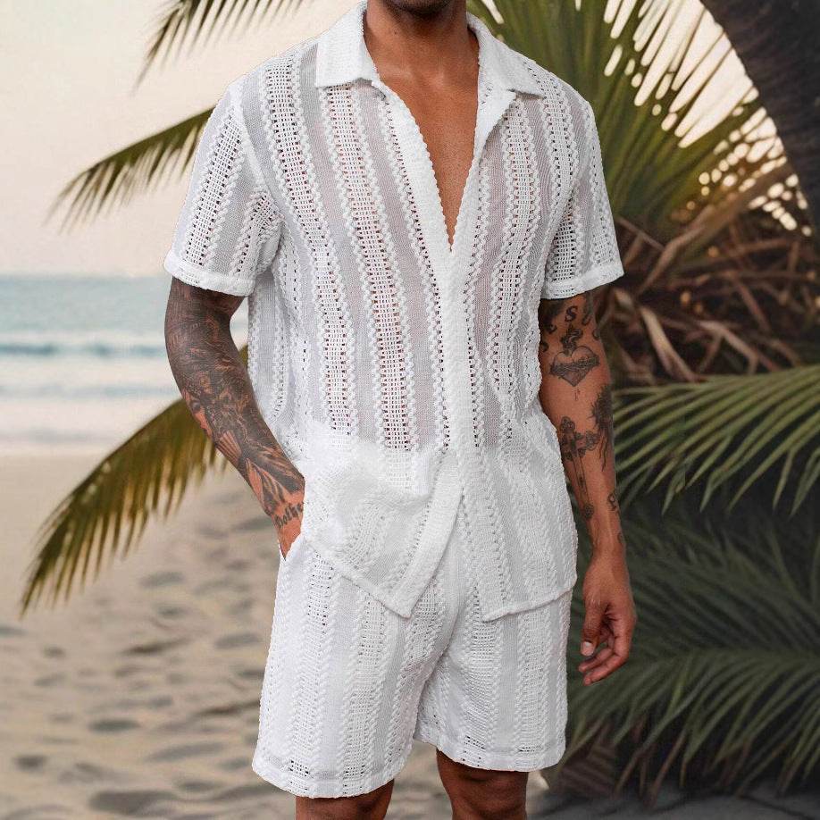 Men's Elegant Lace Translucent Short-Sleeved Shirt - Casual Cotton Blend - Buy Center