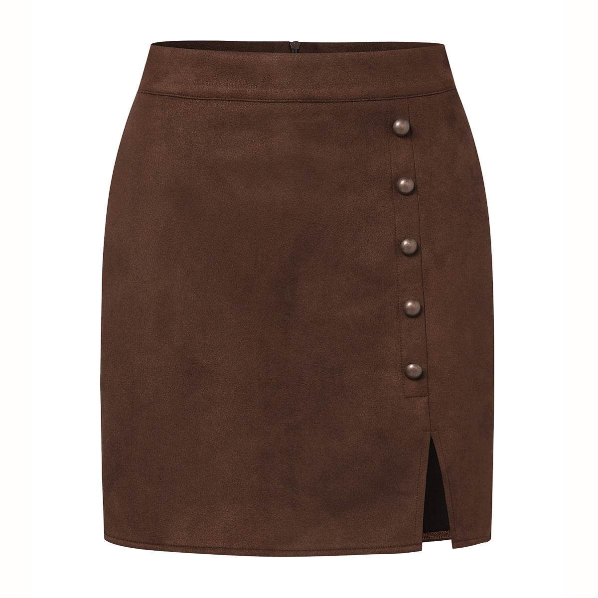 Buycenter Women's Suede High Waist Skirt - A-Line with Metal Buckle - Buy Center