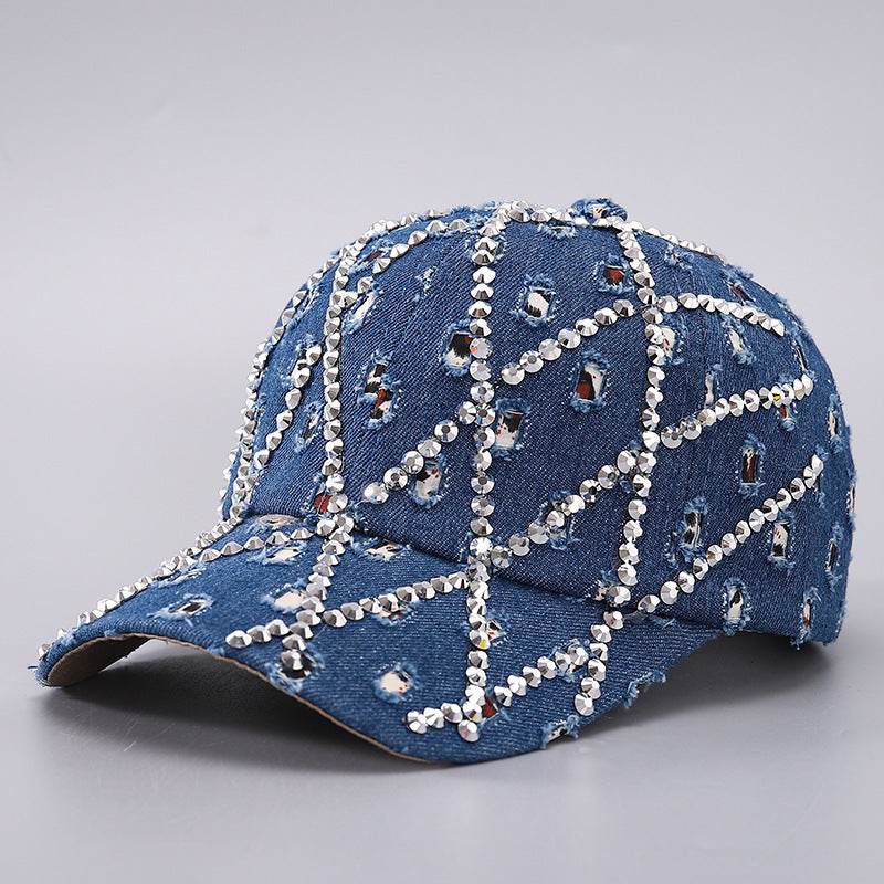 Ripped Diamond Denim Baseball Cap - Trendy Leopard Rhinestone Design - Buy Center
