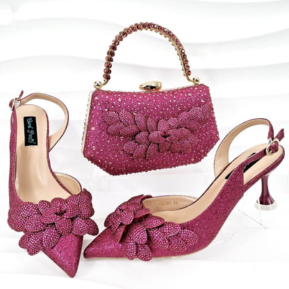 Handmade Leaf Decorative Evening Shoes Bag Set – Stylish Wine Glass Heel - Buy Center
