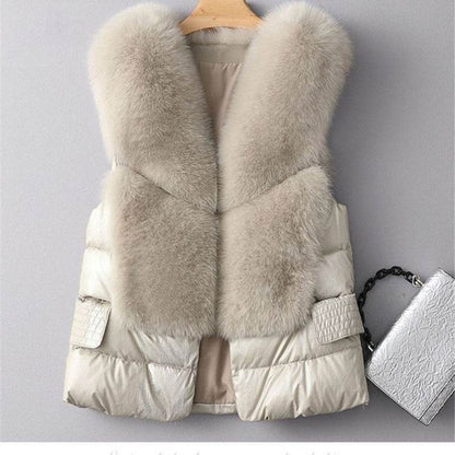 Women's Winter Short Down Jacket - Imitation Fox Fur Vest, Stylish & Warm - Buy Center