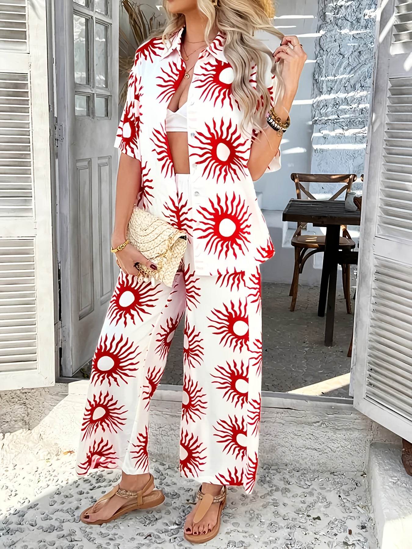 Summer Bohemian Color-Block Shirt & Wide-Leg Pants Set - Elegant Style - Buy Center