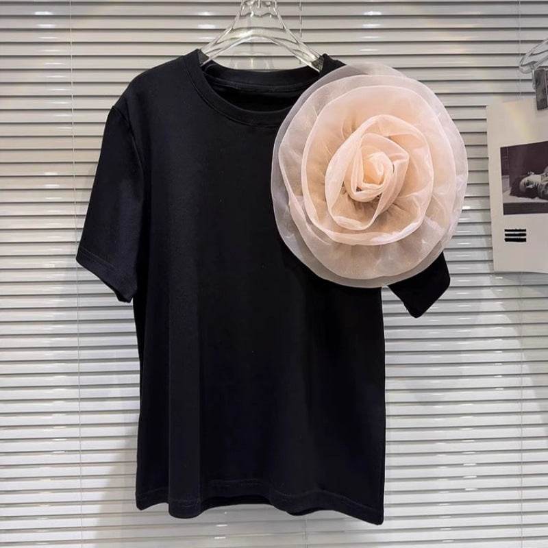 Stylish Ladies Short Sleeve T-shirt - 3D Floral Design, Loose Fit - Buy Center