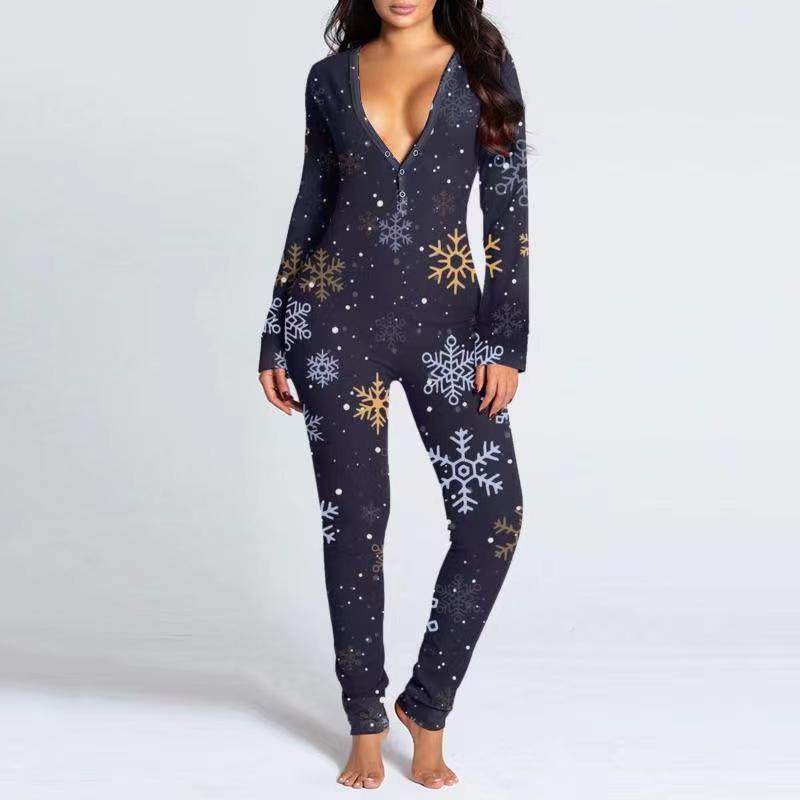 Buycenter Women's Printed Button Tight Jumpsuit - Comfortable V-Neck Style - Buy Center