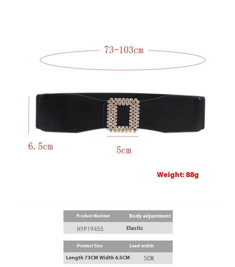 Women's Black Rhinestone Square Buckle Belt - Versatile Elastic Waistband - Buy Center