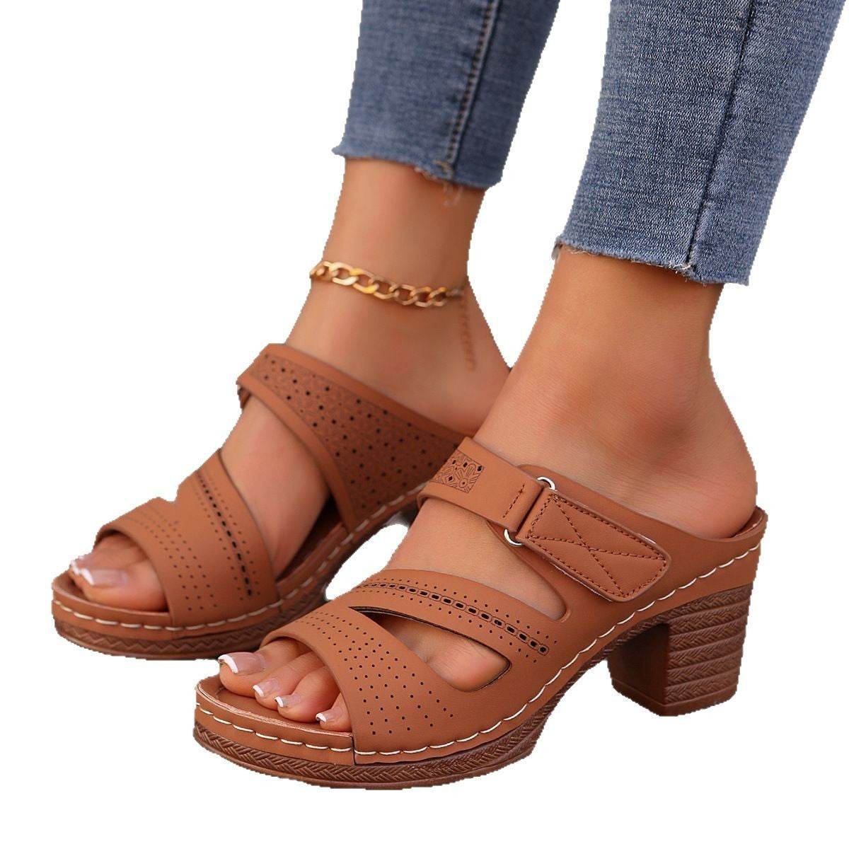 Buycenter Summer Square-Heeled Peep-Toe Slides - Comfortable Casual Slippers - Buy Center