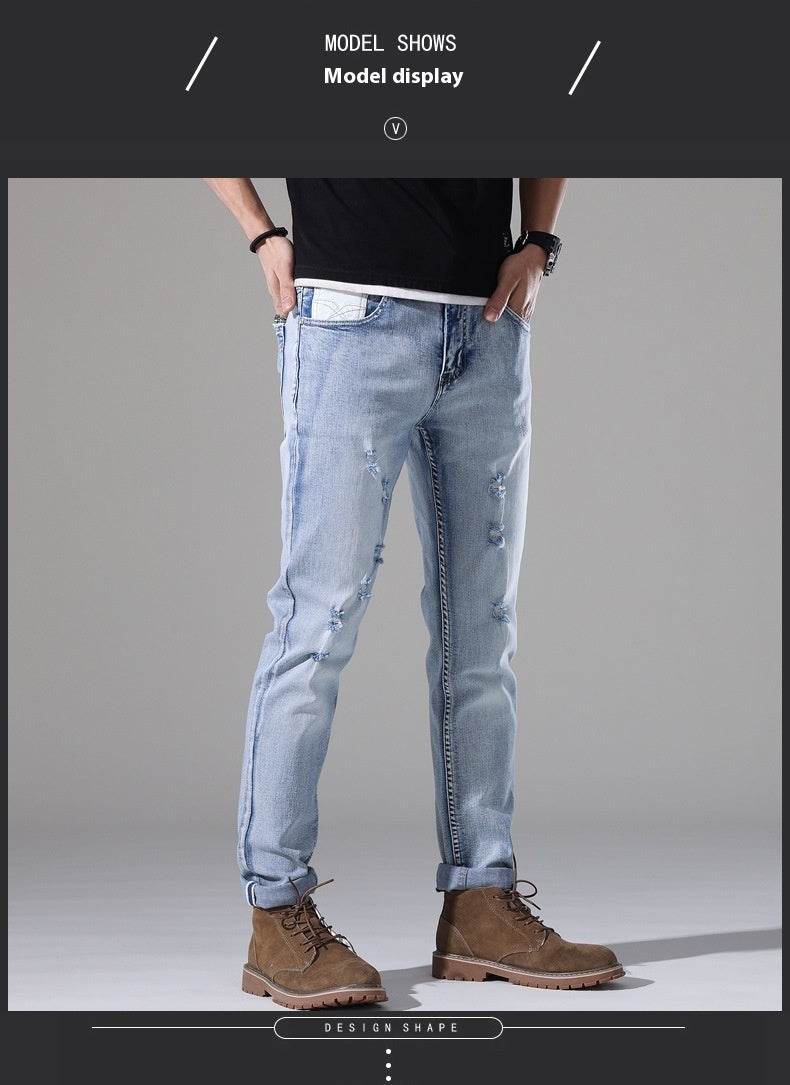 Men's Slim-Fit Ripped White Jeans - Casual Mid Waist Summer Pants - Buy Center