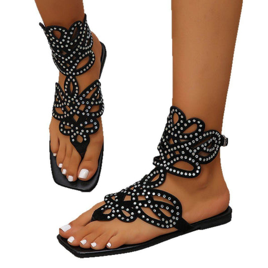 Buycenter Summer Rhinestone Buckle Flat Toe Roman Sandals for Women - Buy Center