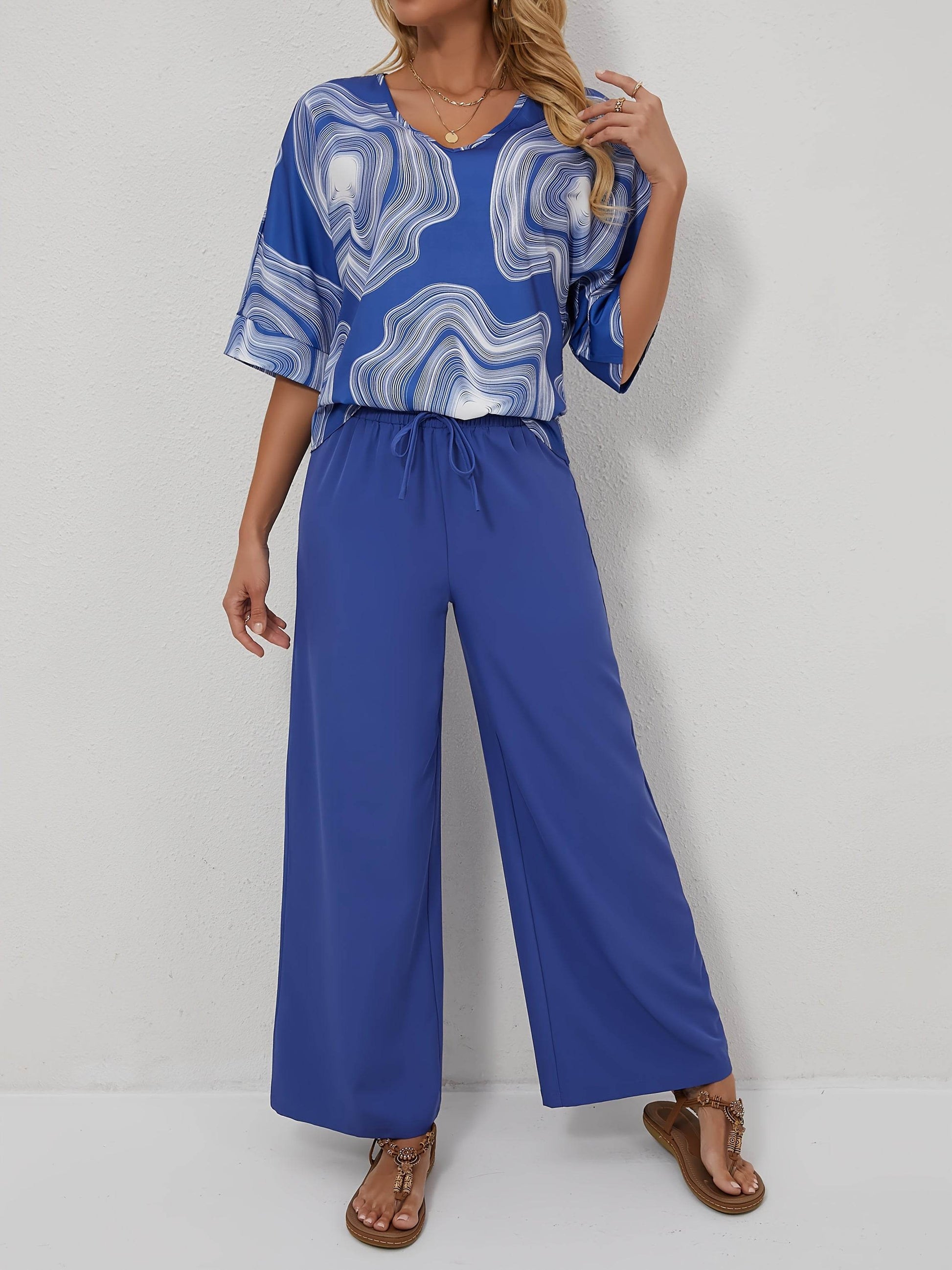 Elegant V-Neck Geometric Pantsuit - 100% Polyester for Spring/Fall - Buy Center