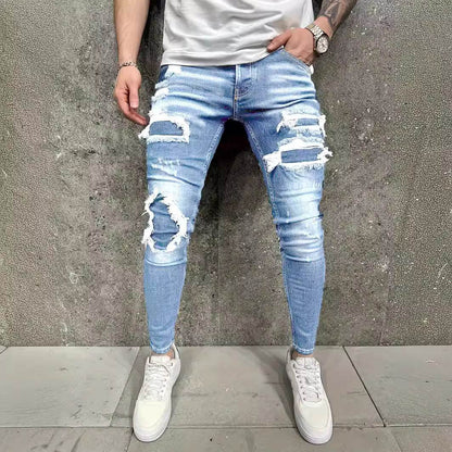 European & American Fashion Men's Jeans - Worn-Out Patch Design, Mid Waist - Buy Center