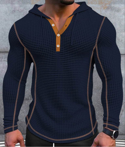 Men's Waffle Button Hoodie T-Shirt Top - Casual Long Sleeve Fashion - Buy Center