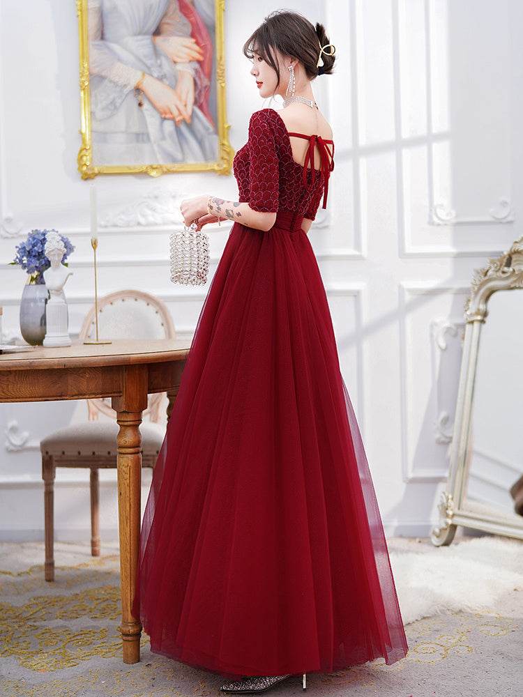 Buycenter Wine Red Long Sleeve Evening Dress - Elegant Back Door Style - Buy Center