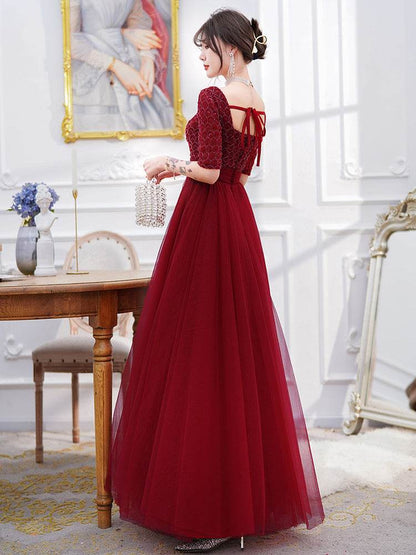 Buycenter Wine Red Long Sleeve Evening Dress - Elegant Back Door Style - Buy Center