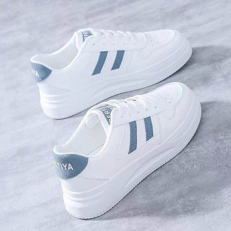 Stylish Women's Casual Sports Sneakers - Low Top White & Blue Leather - Buy Center