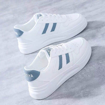 Stylish Women's Casual Sports Sneakers - Low Top White & Blue Leather - Buy Center