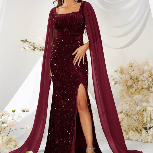 Buycenter Sequin Mesh Fishtail Dress - Elegant Wine Red Evening Skirt - Buy Center