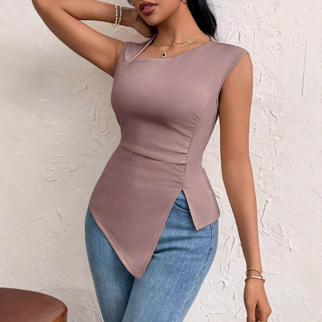 Buycenter Women's Irregular Sleeveless T-shirt - Diagonal Collar Style - Buy Center