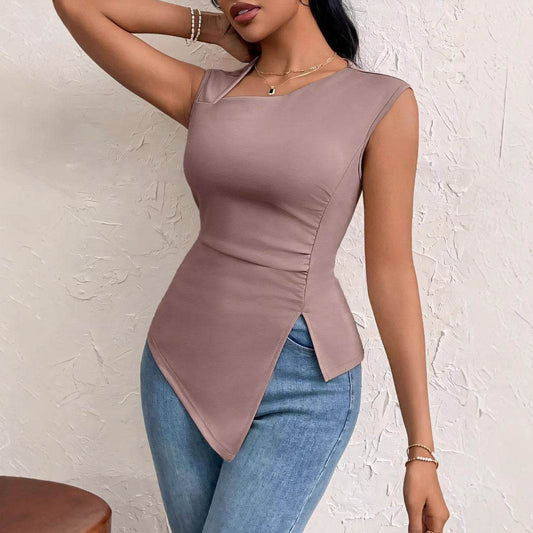 Buycenter Women's Irregular Sleeveless T-shirt - Diagonal Collar Style - Buy Center