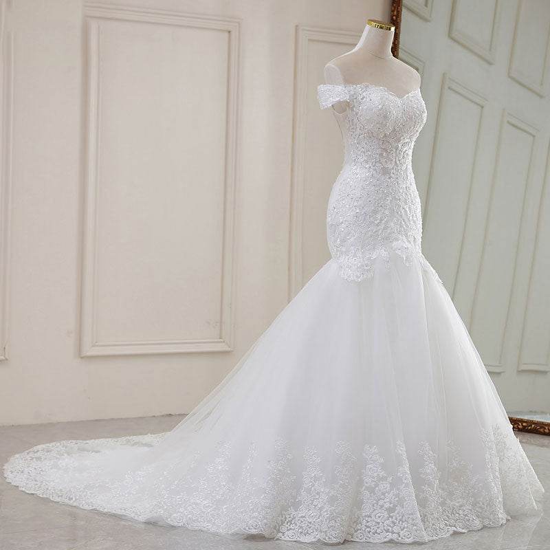 Elegant High Waist White Lace Wedding Dress - V-Neck Long Tail Style - Buy Center