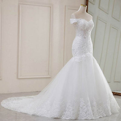 Elegant High Waist White Lace Wedding Dress - V-Neck Long Tail Style - Buy Center