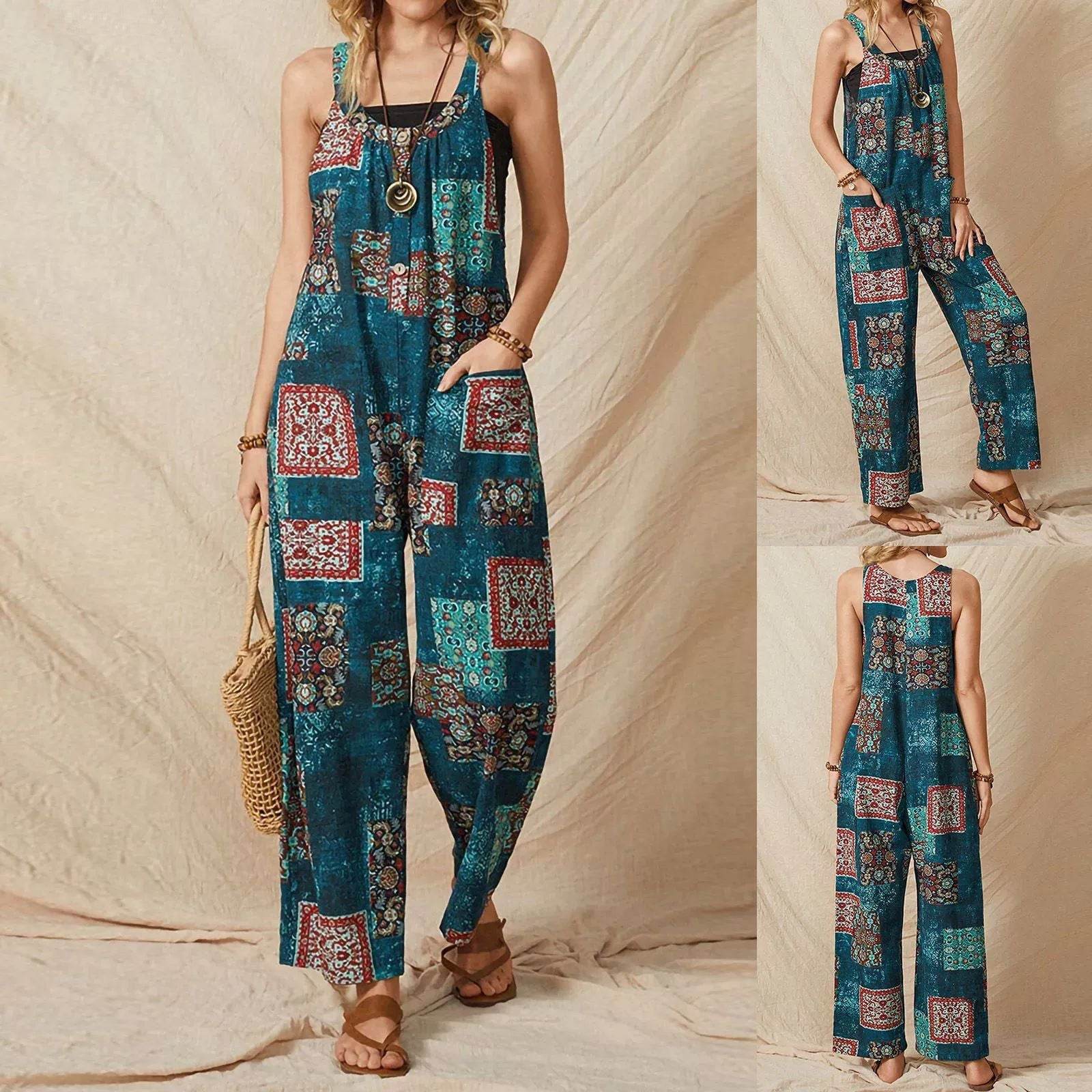 Buycenter Women's Vintage Print Jumpsuit - Loose Fit Straight-Leg Style - Buy Center