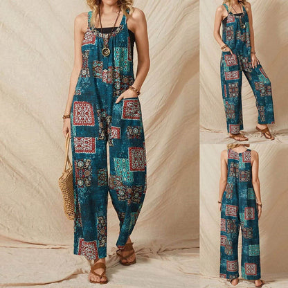 Buycenter Women's Vintage Print Jumpsuit - Loose Fit Straight-Leg Style - Buy Center