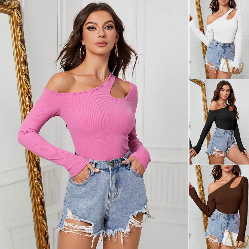 Buycenter Women's Irregular Long Sleeve Top - Exposed Shoulder Pullover - Buy Center