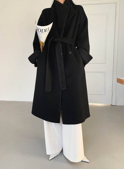 Buycenter Double-faced Woolen Overcoat - Long Fur Lapel, Lace-up Style - Buy Center