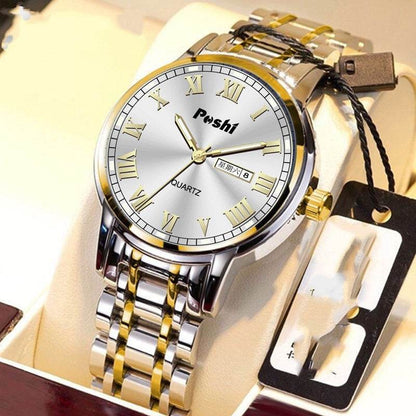 Men's Steel Band Quartz Watch - Luminous, Waterproof, Double Calendar - Buy Center