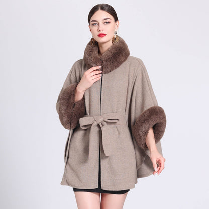 Buycenter Women's Rabbit Fur Collar Shawl Cape - Knitted Padded Jacket - Buy Center