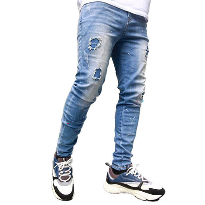 Trendy Splash-Ink Skinny Men's Jeans - Light Blue Low Waist Style - Buy Center