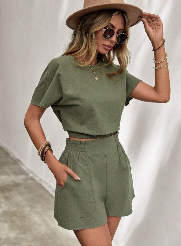 Buycenter Women's Casual Short Sleeve Set - Breathable Cotton Tops & Shorts - Buy Center