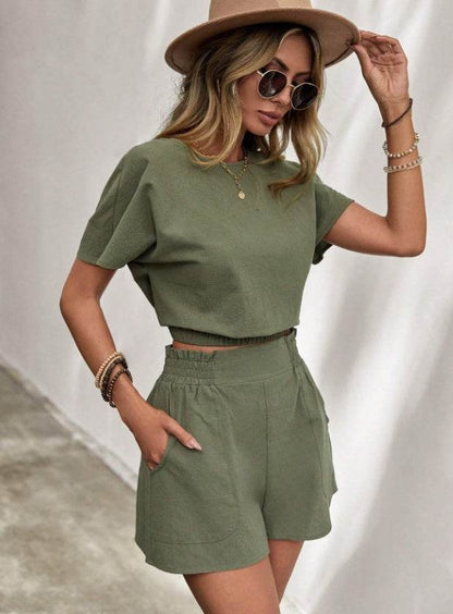 Buycenter Women's Casual Short Sleeve Set - Breathable Cotton Tops & Shorts - Buy Center