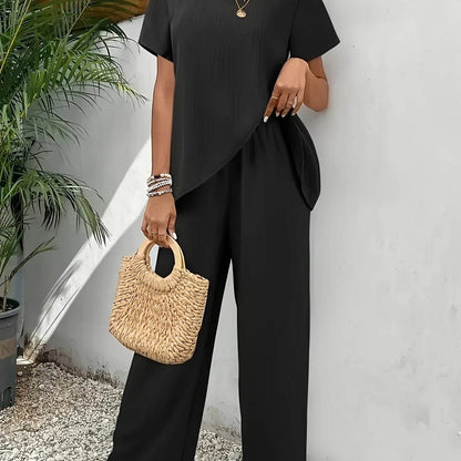 Elegant Two-Piece Set - Asymmetrical Hem Top & Wide-Leg Pants - Buy Center
