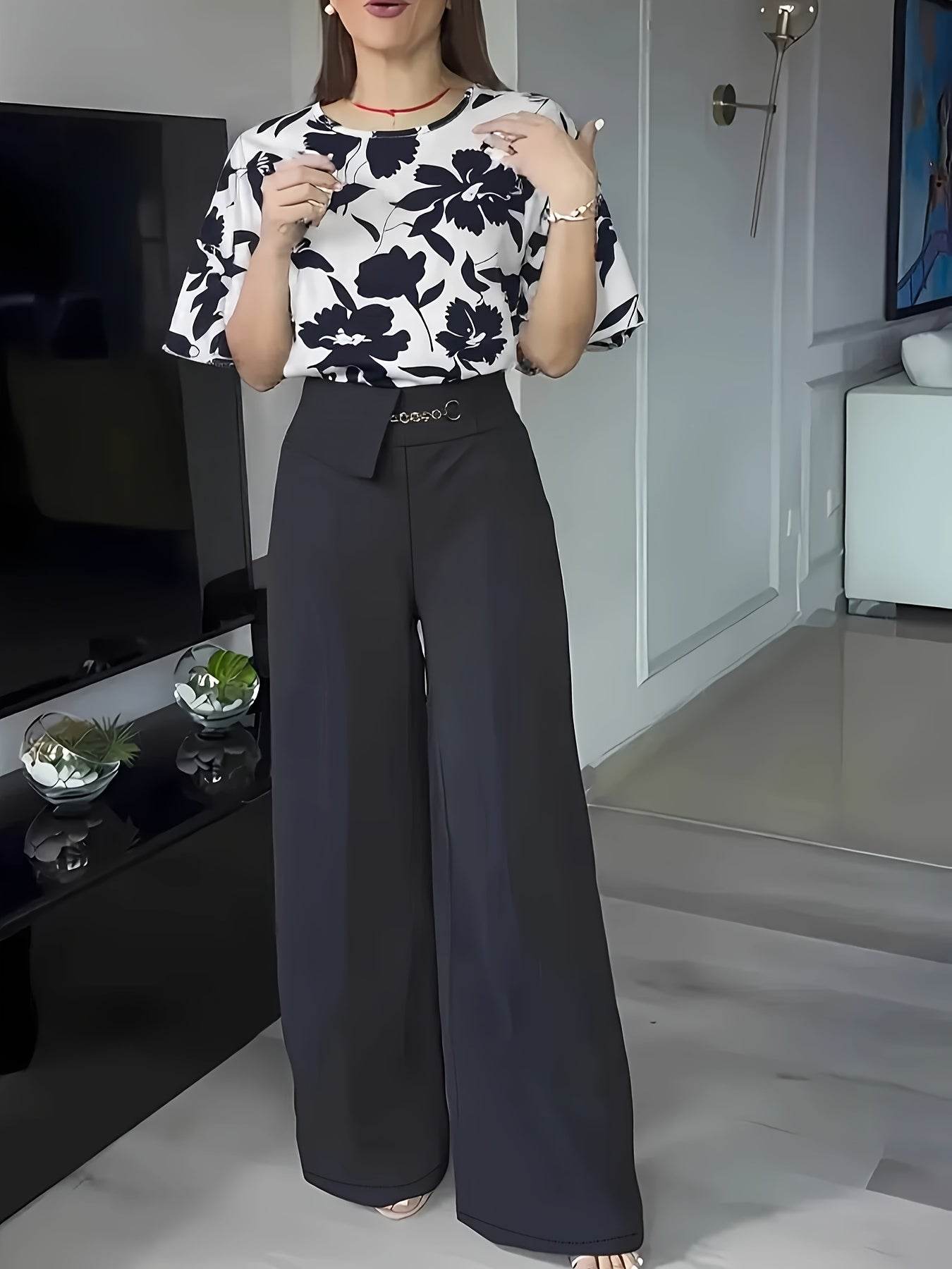 Women's Floral Printed Short Sleeve Top and Long Pants Set - Buy Center