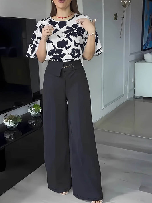 Women's Floral Printed Short Sleeve Top and Long Pants Set - Buy Center