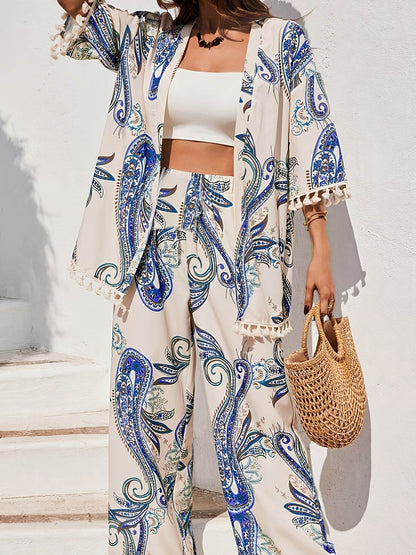 Elegant Women’s Peacock Print Kimono Top & Pants Set - Lightweight - Buy Center