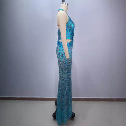 Sky Blue Halter Evening Dress - Deep V-Neck, Slimming Silhouette - Buy Center