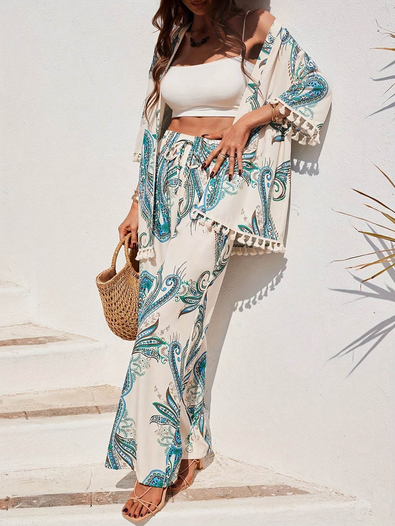 Women's Tropical Print Kimono Set - Lightweight 3/4 Sleeve Top & Pants - Buy Center