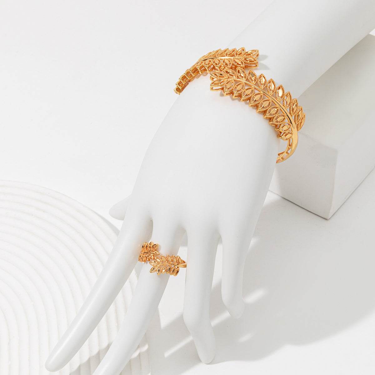 Vintage Gold Wheat Ear Leaf Bracelet & Ring Set - Elegant Bridal Jewelry - Buy Center