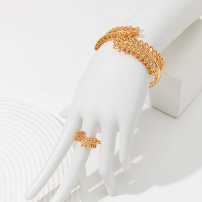 Vintage Gold Wheat Ear Leaf Bracelet & Ring Set - Elegant Bridal Jewelry - Buy Center